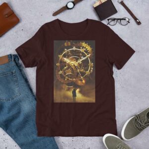 Steampunk Time Machine - unisex staple t shirt oxblood black front b a db - Shujaa Designs