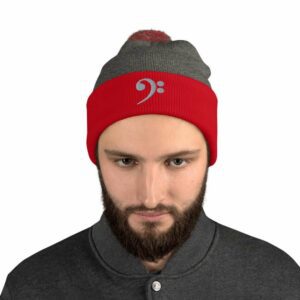 Bass Clef Pom-Pom Beanie - pom pom knit cap dark heather grey red front ca b - Shujaa Designs