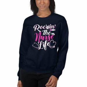 Rockin The Nurse Life – Nurse Design Unisex Sweatshirt - unisex crew neck sweatshirt navy front b d - Shujaa Designs