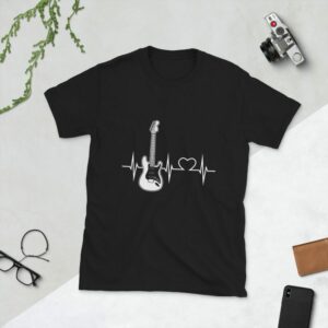 Guitar Art – Electric Guitar Heartbeat – Short-Sleeve Unisex T-Shirt - unisex basic softstyle t shirt black front ddb d - Shujaa Designs