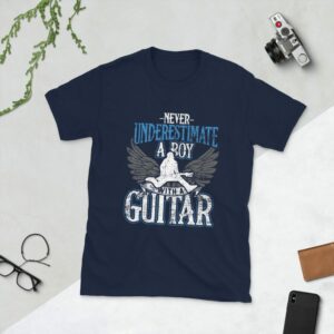 Never Underestimate A Boy With Guitar Short-Sleeve Unisex T-Shirt - unisex basic softstyle t shirt navy front fd ad d - Shujaa Designs